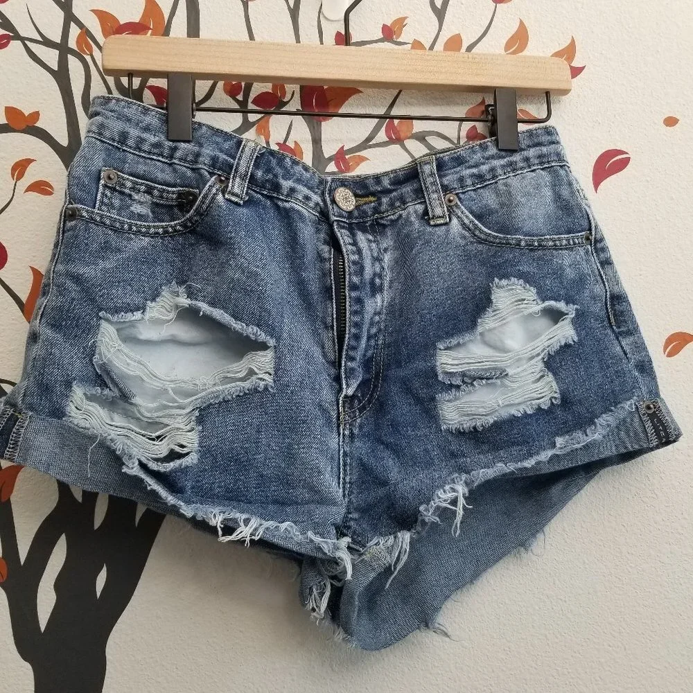 Litz Destroyed Distressed High Waist Denim Shorts - Picture 2 of 5